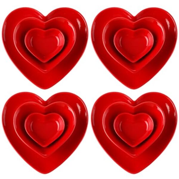 Willinglong 12 peças de pratos vermelhos em forma de coração pratos de cerâmica para exibição de sobremesa elegante prato de aperitivo de salada presente de cozinha para bife doce, lanches, servir