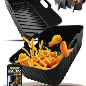Xaarmonex Grandes forros de silicone para fritadeira Ninja AF451UK/AF400UK/SL400UK 9,5L/torre 9L/EMtronics para todas as fritadeiras de ar duplo de 8,5-9,5L, 2 bandejas reutilizáveis para fritadeira a