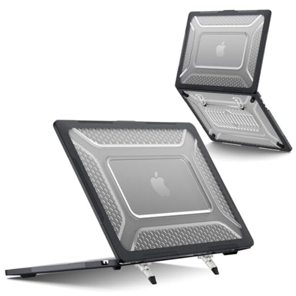 XIWMIX Capa para MacBook Air 15 polegadas 2025 2024 2023, M4 M3 M2, capa rígida resistente à prova de choque com suporte dobrável e saídas de calor, modelo A3241 A3114 A2941, preta