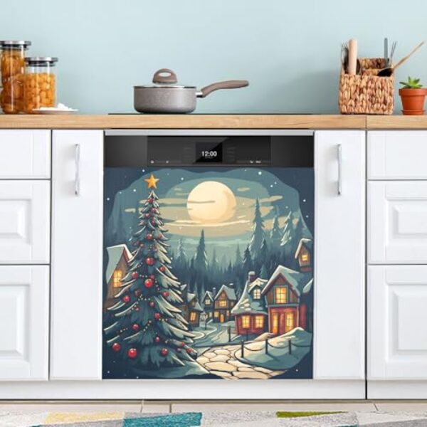 YETTASBIN Capa de ímã de lava-louças Christmas Village, adesivo reutilizável para porta de geladeira de cozinha, capa de ímã de micro-ondas à prova d'água para decoração de casa, festa de fim de ano
