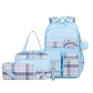 YWOIHL Mochila escolar para meninas adolescentes com lancheira e estojo, linda bolsa de livros com laço para ensino fundamental e médio - azul
